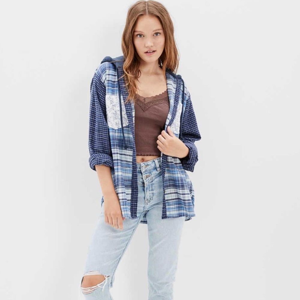 American Eagle Oversized Mixed Media Button Front Hooded Flannel Blue Size Small